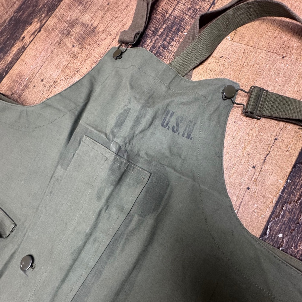 Vintage US Navy Bib Overalls Pants Dungarees Olive Green Cotton Talon Zipper L - Picture 2 of 13